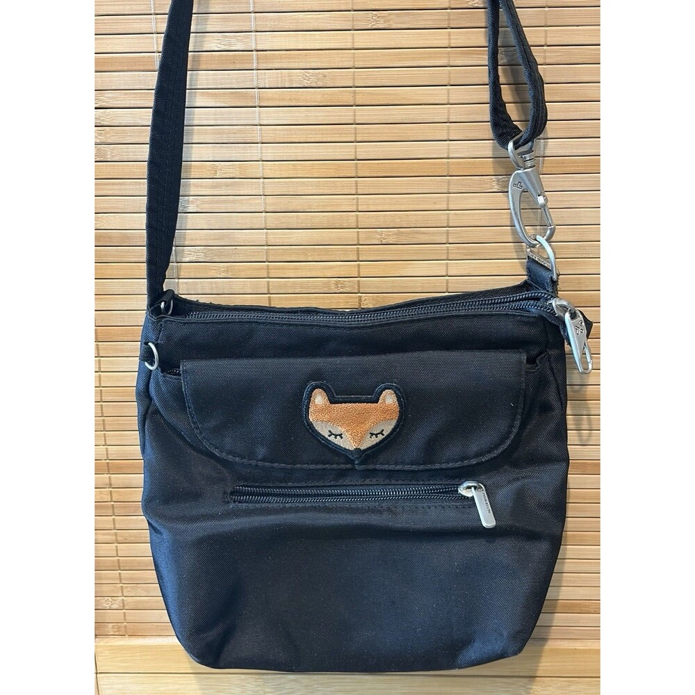 Black Small Crossbody Bag Fox Applique Zip Pockets    Purse Messenger Bag Travel